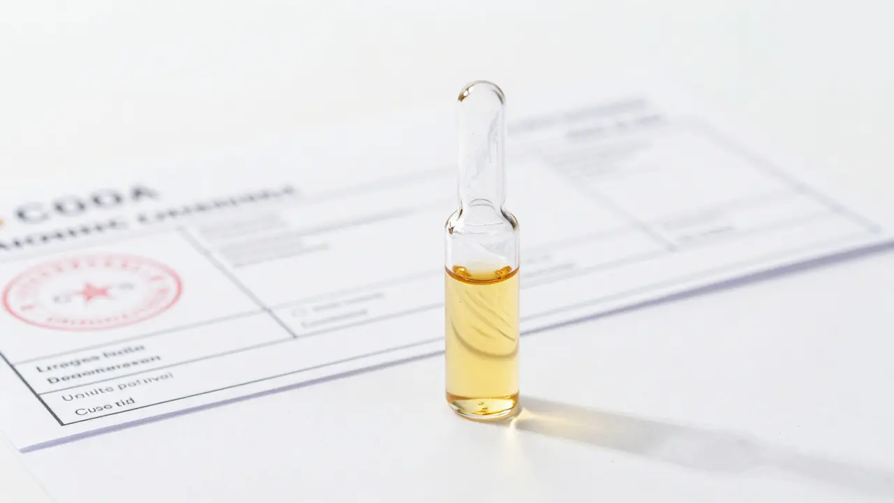 Eine goldene CBD-Kartusche neben einem Analysenzertifikat in einem hellen, klinischen Studio.