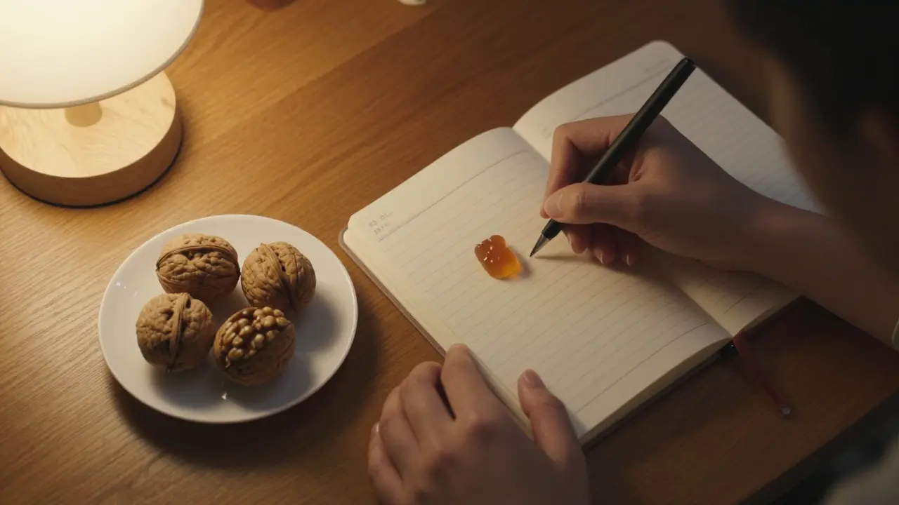 Eine Hand schreibt Notizen in ein Tagebuch neben einer Portion Walnüssen und einem CBD-Gummibärchen.