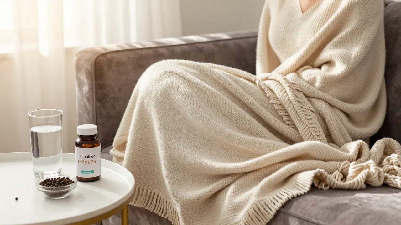 Eine Person entspannt auf einem Sofa mit Wasser und Pfefferkörnern daneben.