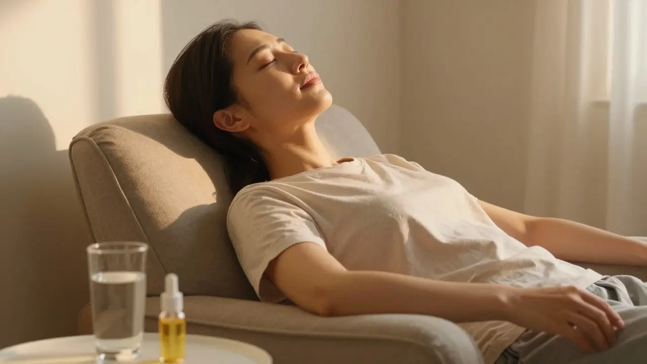 Entspannte Person in einem Sessel, die ein Gefühl von innerer Ruhe und Gelassenheit ausstrahlt.