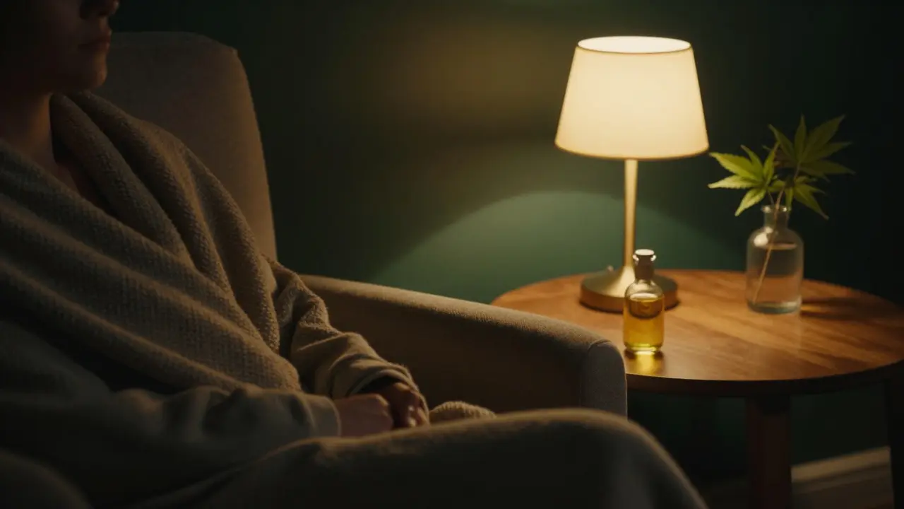 Gemütliche Abendstimmung mit entspannender Atmosphäre und CBD-Öl auf einem Beistelltisch.