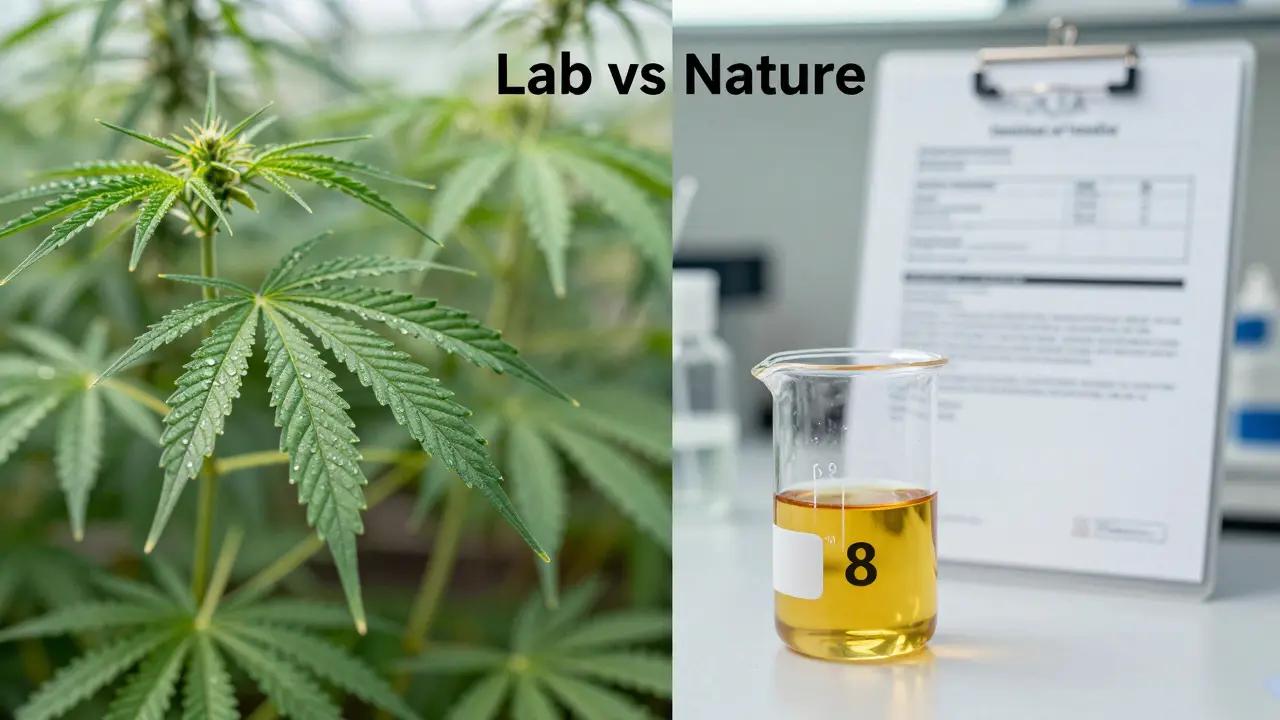 Geteilte Ansicht einer natürlichen Hanfpflanze und eines sterilen Laborglases mit Öl.