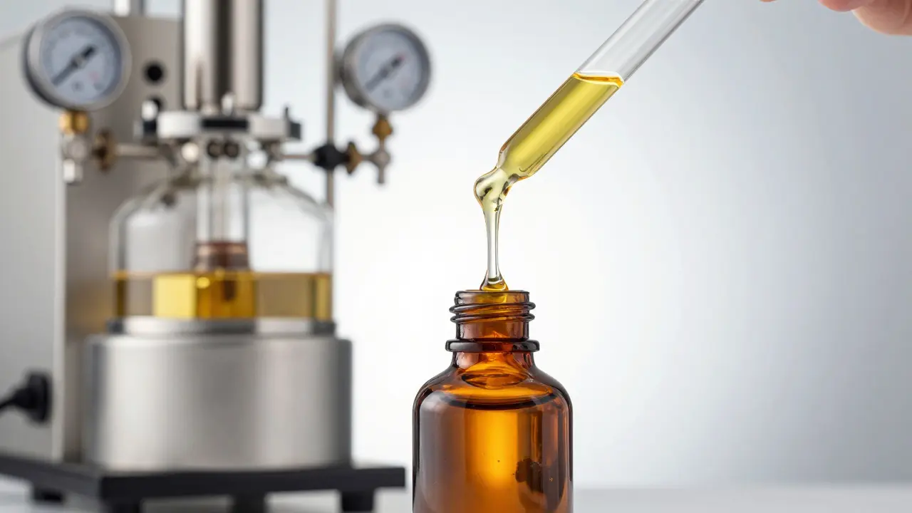 Goldfarbenes Cannabis-Destillat, das aus einer Pipette in eine Flasche tropft.