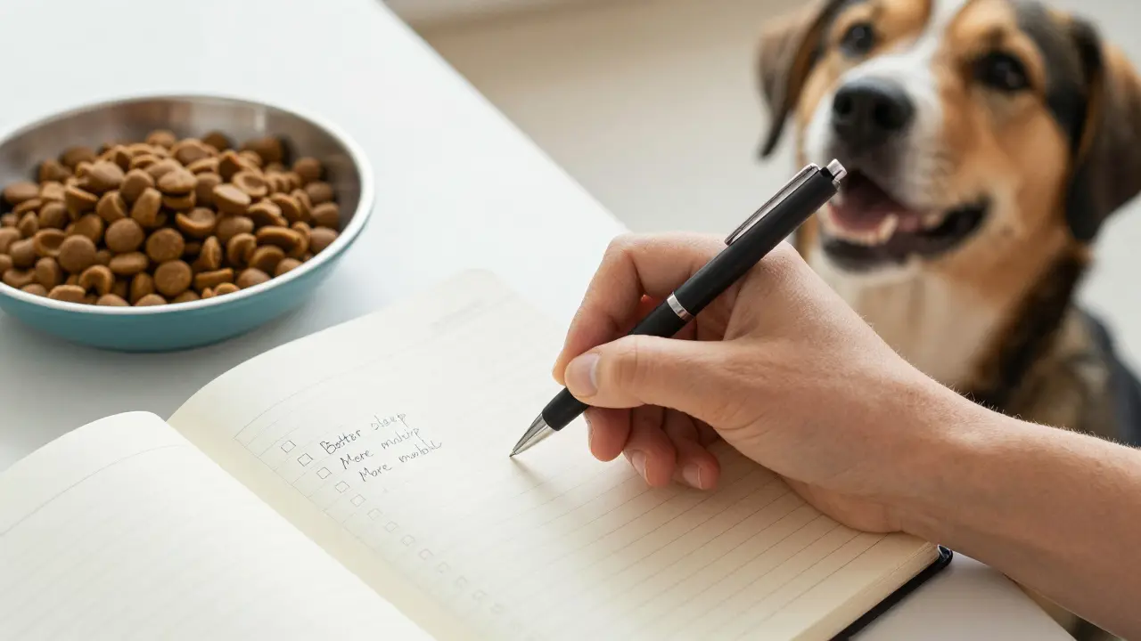 Hand schreibt Beobachtungen über die Wirkung von CBD in ein Hundetagebuch.