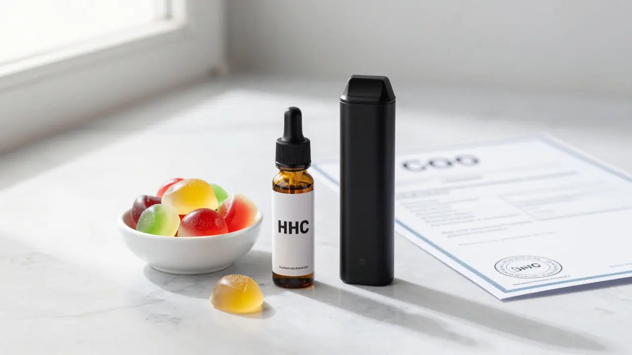 HHC-Vape-Pen und Gummies neben einem Laborzertifikat auf einer weißen Marmorfläche.