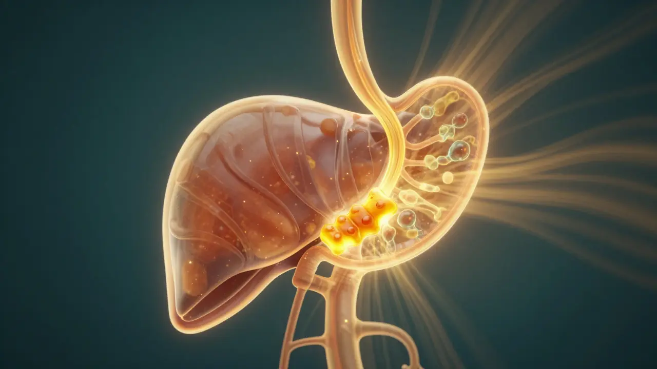 Konzeptionelle Darstellung der CBD-Aufnahme im Körper vom Magen über die Leber in den Blutkreislauf.