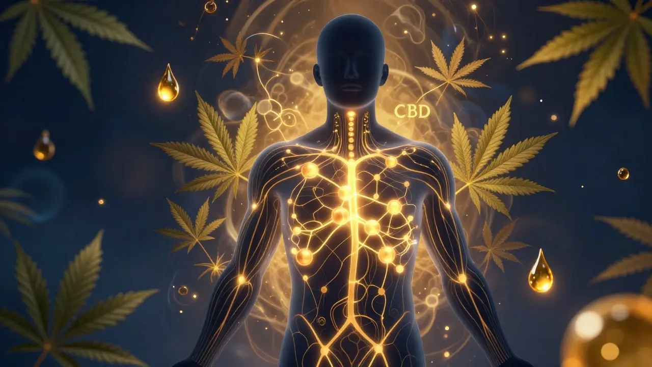 Konzeptkunst einer Person, die die entspannende Wirkung von CBD auf zellulärer Ebene spürt.