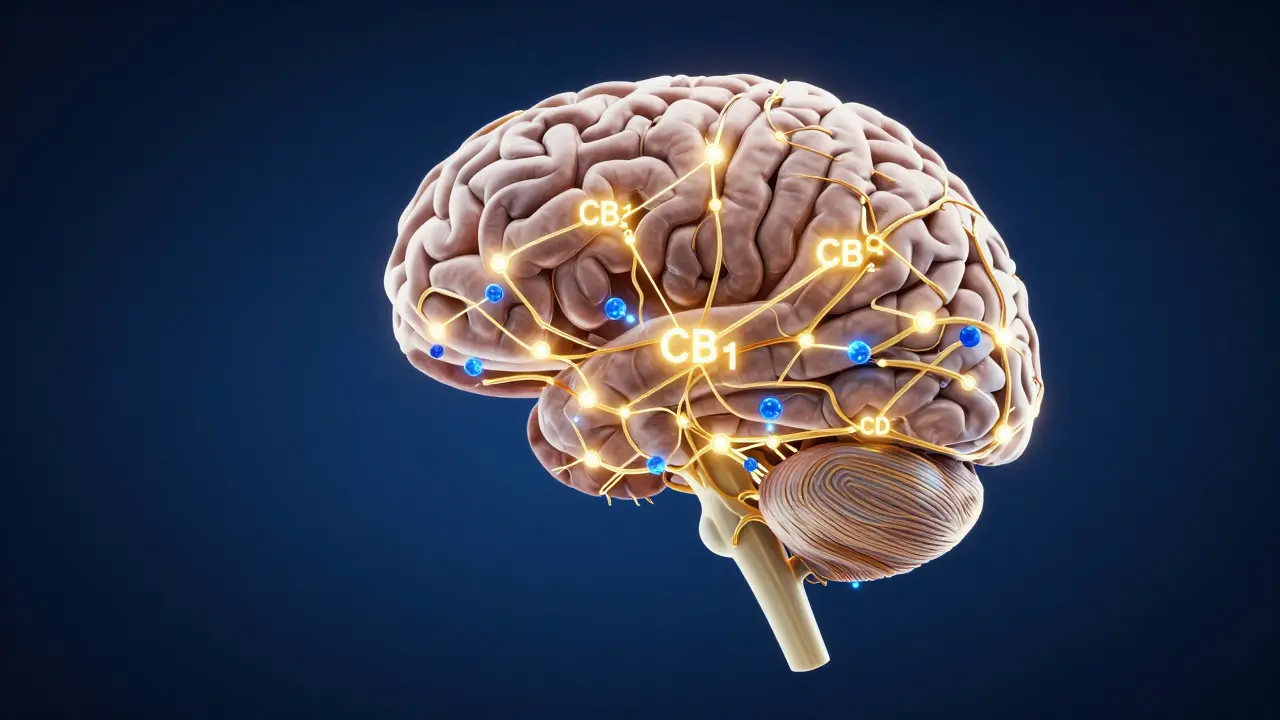 Konzeptuelle Darstellung des Endocannabinoid-Systems mit CBD-Molekülen.