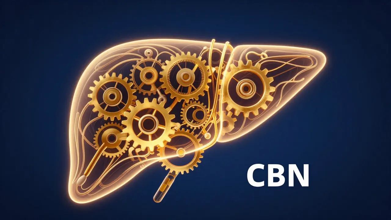 Konzeptuelle Darstellung des Leberenzymsystems und der Wechselwirkungen von CBN.