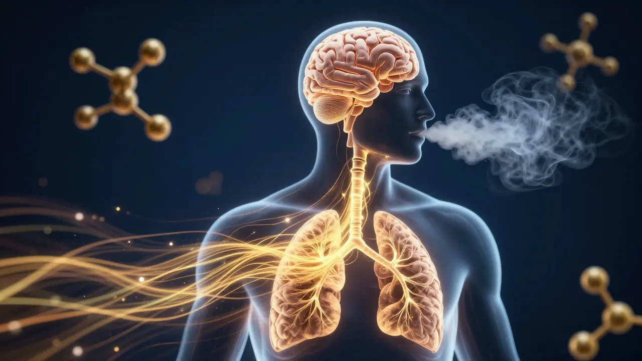 Konzeptuelle Darstellung des schnellen Weges von CBD über die Lunge zum Gehirn in gold-blauen Tönen.