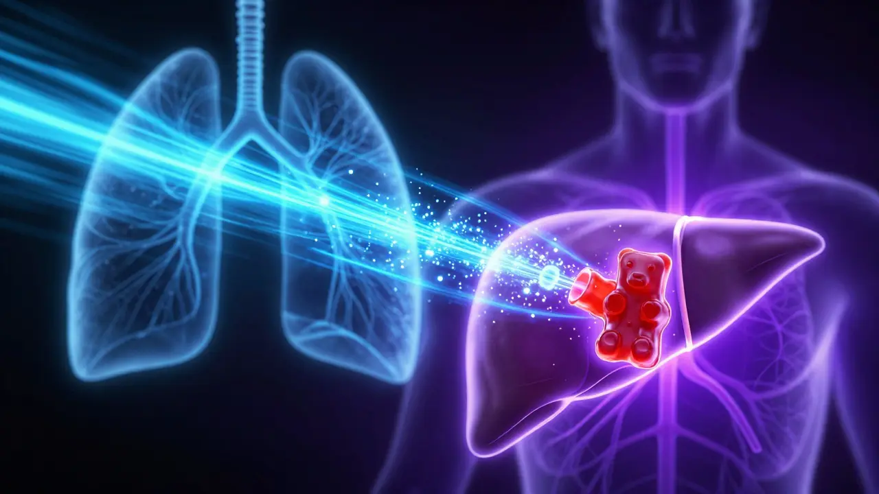 Konzeptuelle Darstellung des THC-Weges über die Lunge im Vergleich zur Leber.