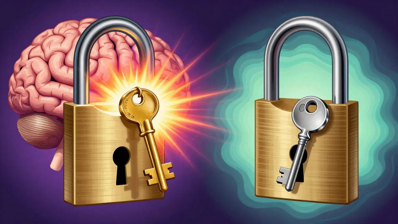 Konzeptuelle Darstellung von THC-Molekülen als Schlüssel in Gehirnrezeptoren.