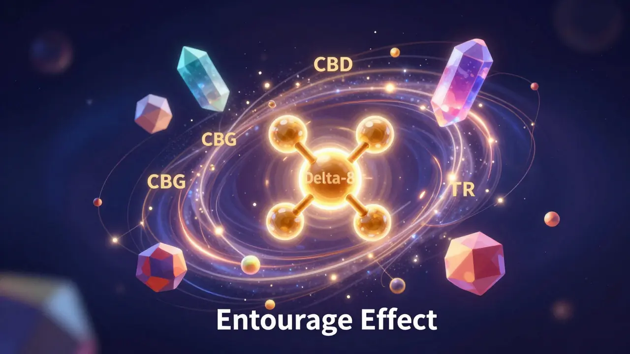 Künstlerische Darstellung des Entourage-Effekts mit vernetzten Molekülen.