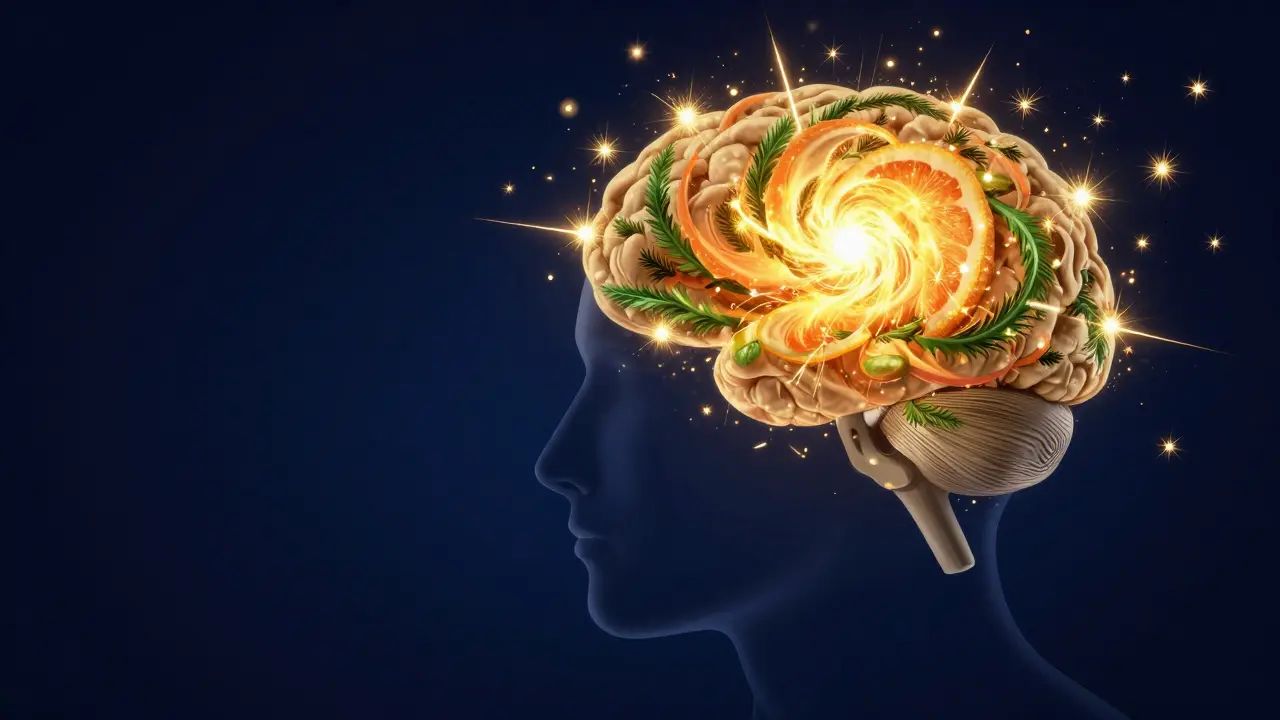 Künstlerische Darstellung von mentaler Energie und Kreativität im Kopf einer Person.