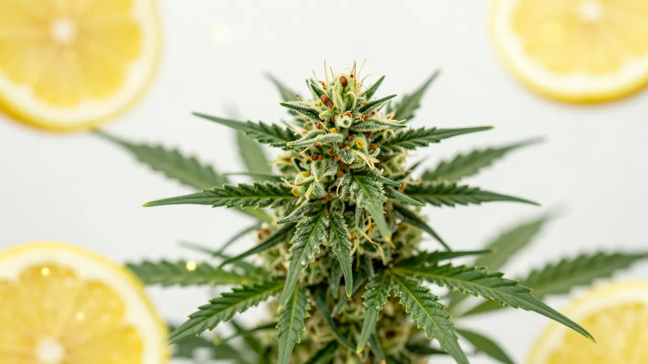 Makroaufnahme einer Sativa-Blüte mit symbolischen Zitrusfrüchten und Kiefernnadeln für Terpene.