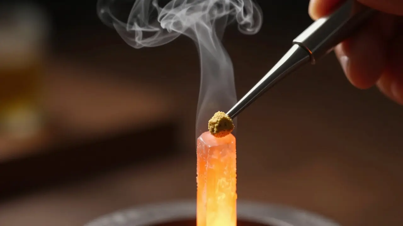 Nahaufnahme eines Dabbing-Tools, das Konzentrat auf einen erhitzten Quarz disediakan.