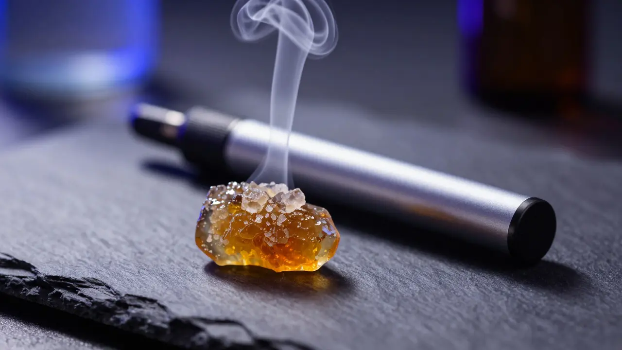 Nahaufnahme von glasartigem CBD Shatter und einem Vaporizer mit sanftem Dampf.