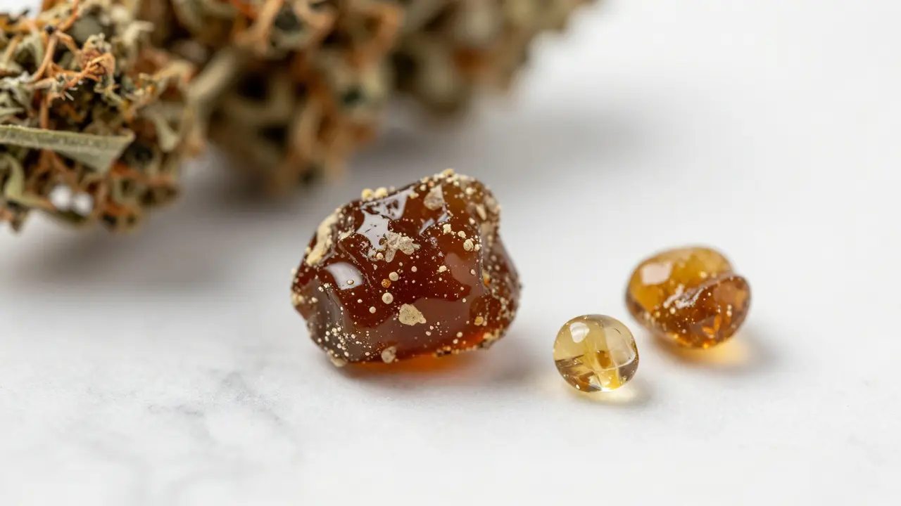 Nahaufnahme von hochwertigem, bernsteinfarbenem CBD Hash auf einer weißen Marmorfläche.