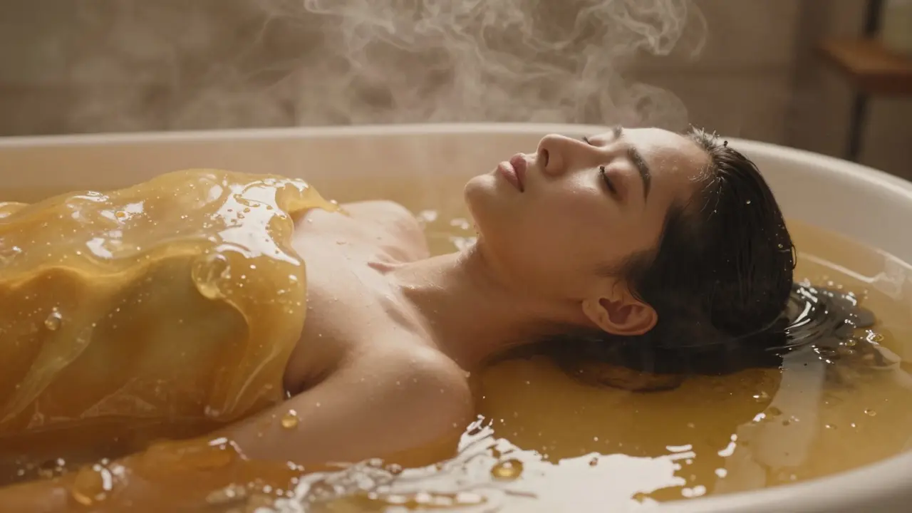 Person, die in einer goldenen, honigartigen Flüssigkeit versinkt, als Symbol für tiefe körperliche Entspannung.