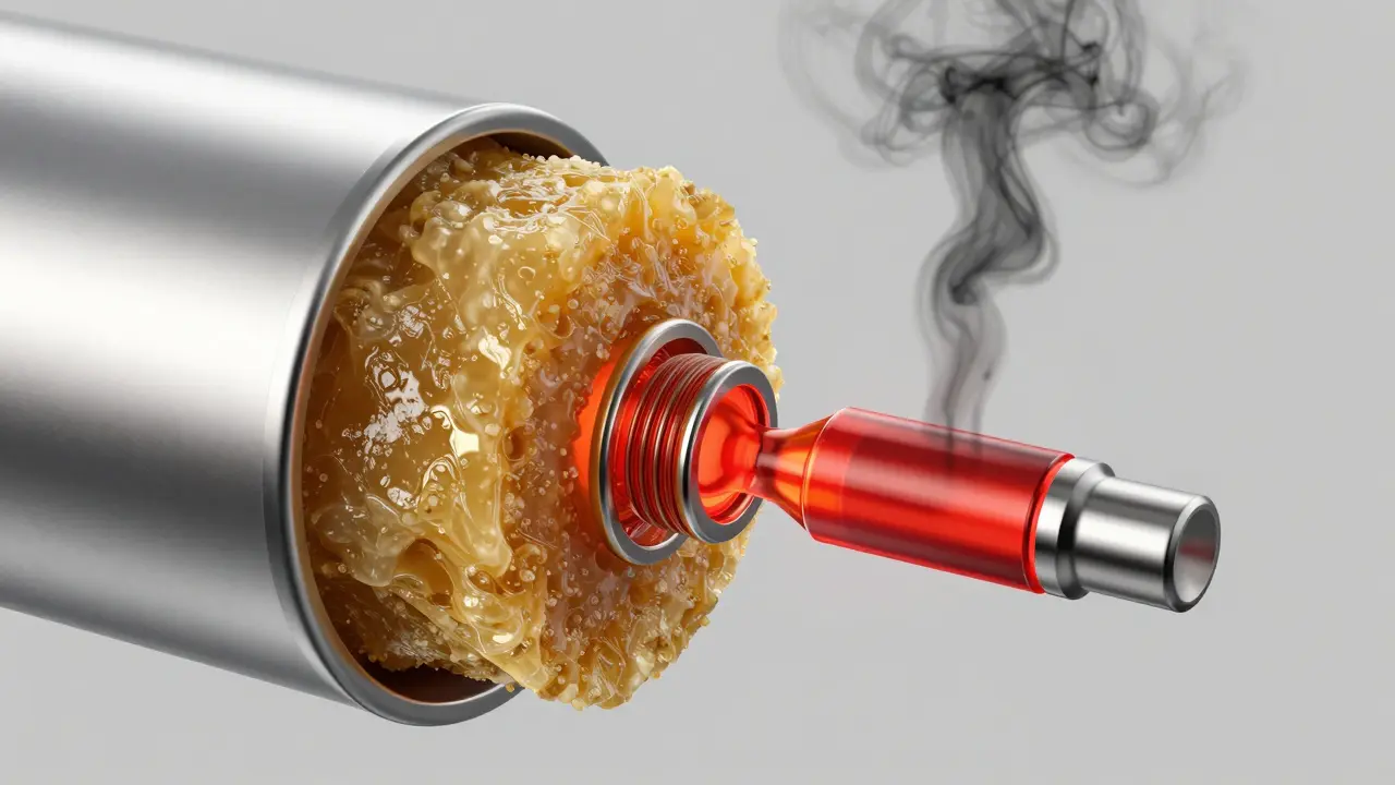 Querschnitt eines Vape-Cartridges mit verbranntem Coil durch festes CBD Crumble.