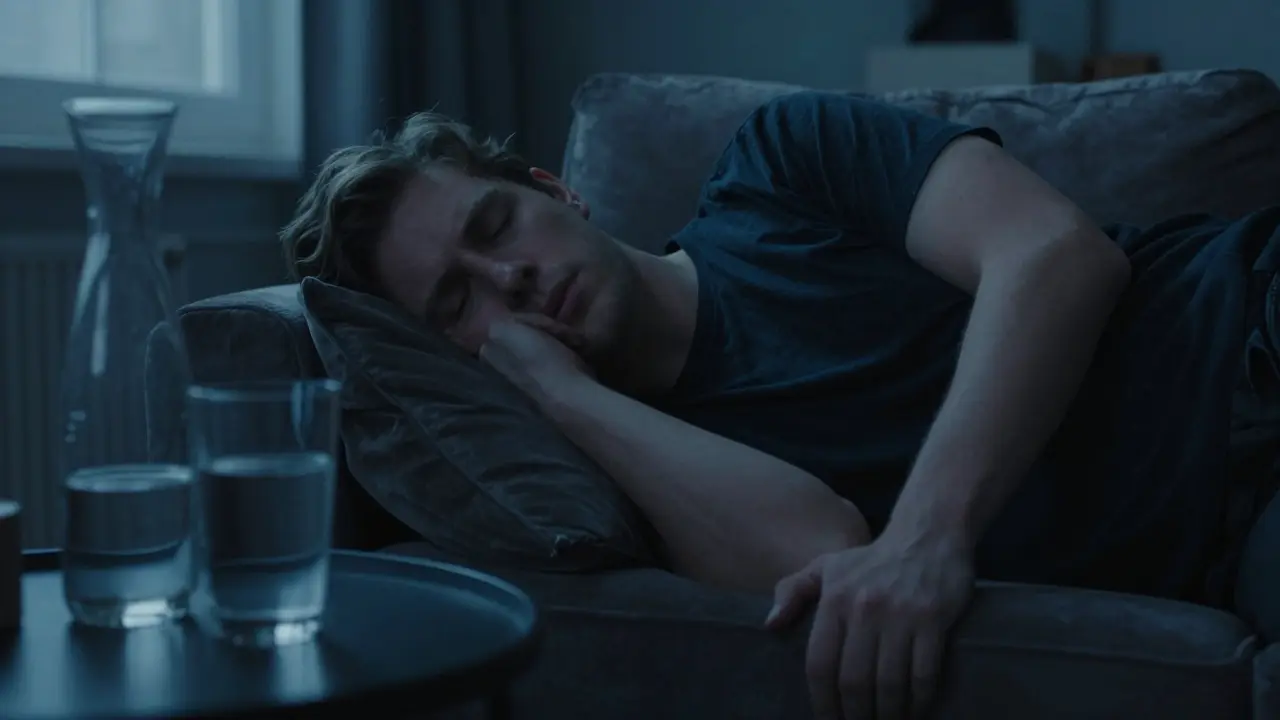 Schläfrige Person auf einem Sofa mit einem großen Glas Wasser gegen Mundtrockenheit.
