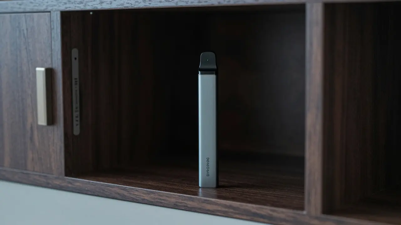 Vape Pen in aufrechter Position in einem dunklen, kühlen Schrank gelagert.