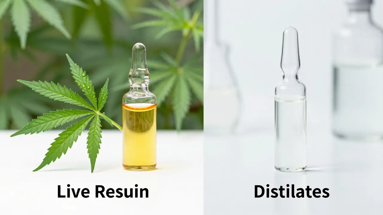 Vergleich zwischen natürlichem Live Resin und klarem, destilliertem Cannabis-Öl.