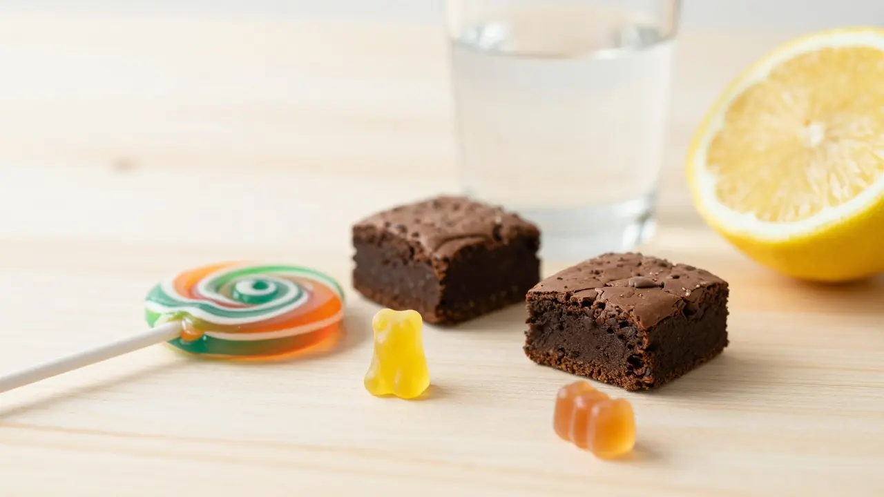 Verschiedene Cannabis-Edibles wie Lollipops und Brownies neben einem Glas Wasser und einer Zitrone.