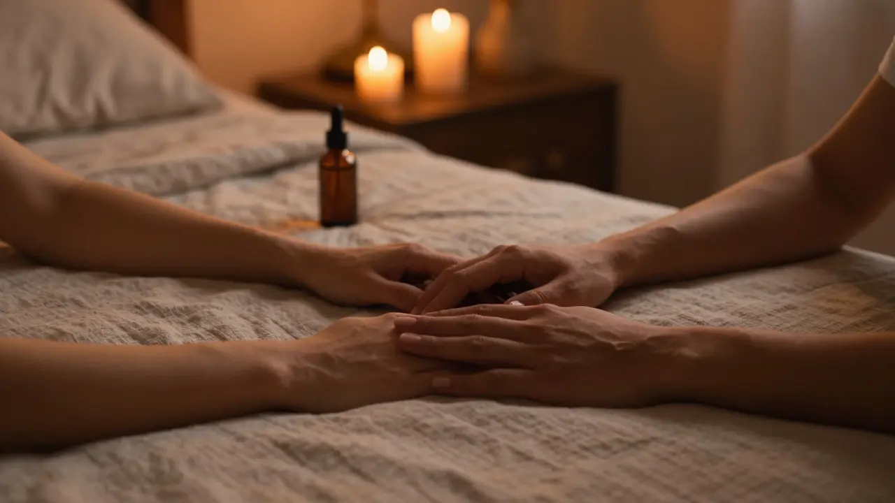 Zwei Personen halten sich sanft an den Händen in einem warm beleuchteten, gemütlichen Schlafzimmer.