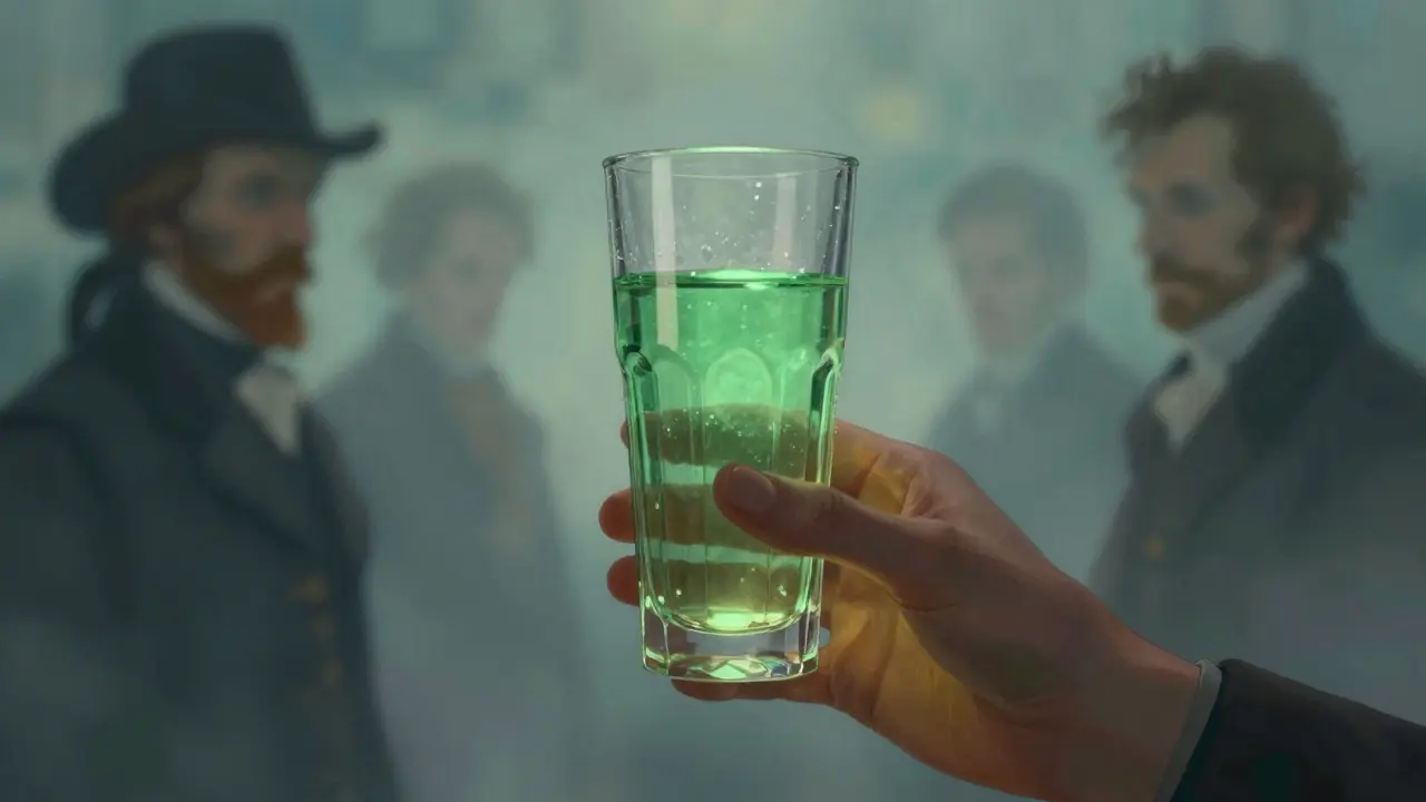 Absinthglas im Vordergrund, historische Mythen im Hintergrund
