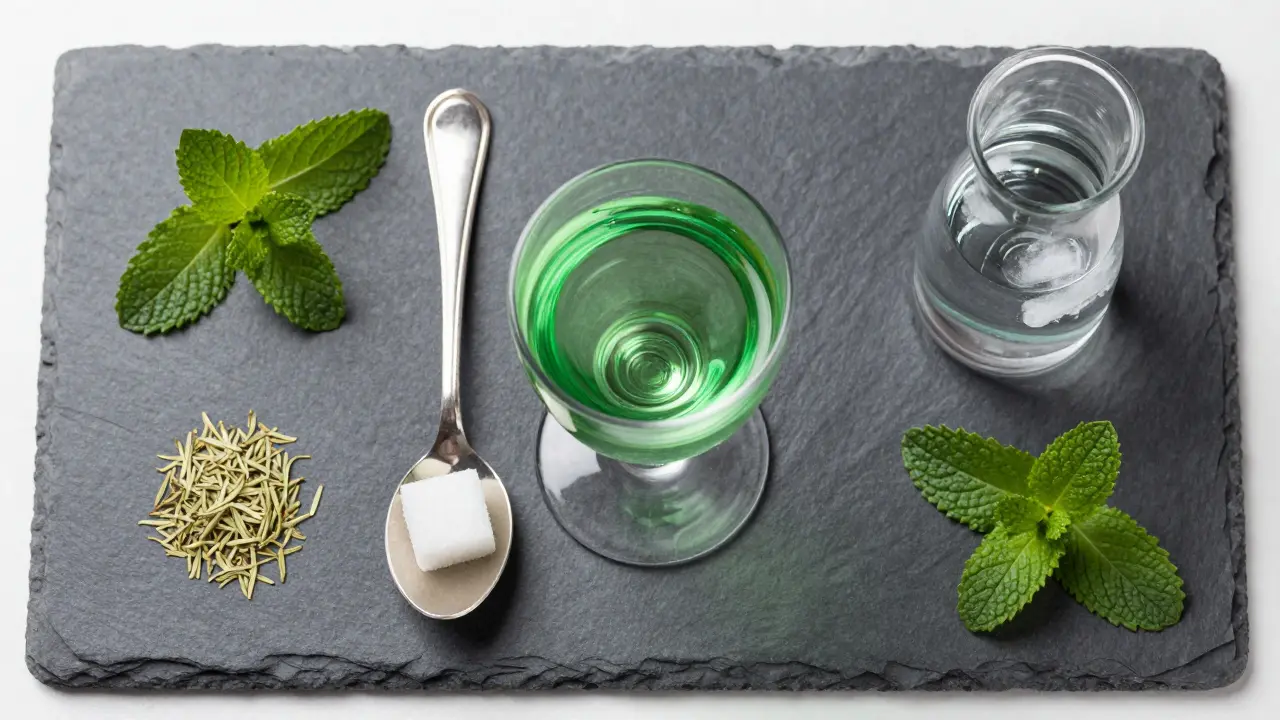 Absinthzubereitung: Löffel, Zuckerwürfel und Glas von oben