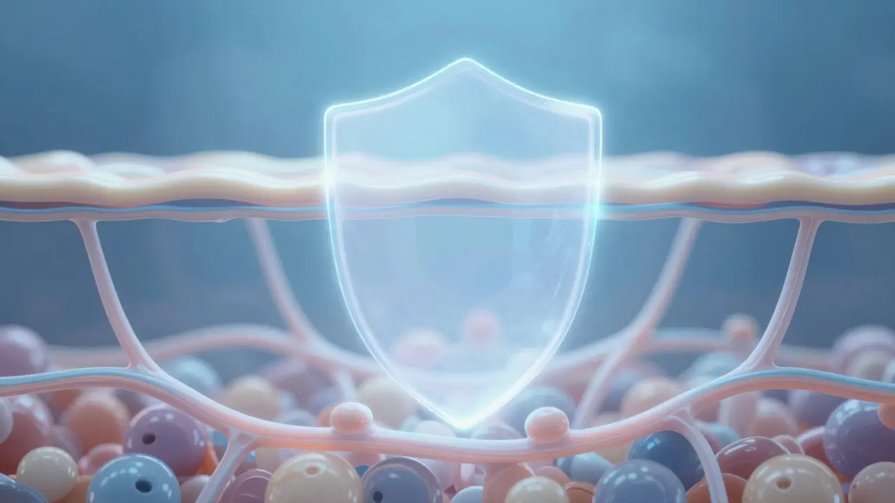 Abstract illustration of skin layers protected by glowing shield