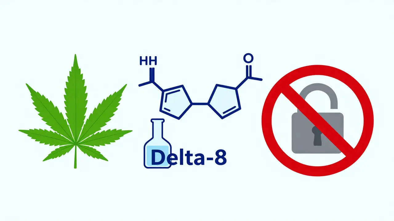 Abstrakte Darstellung der chemischen Umwandlung von CBD zu illegalem Delta-8