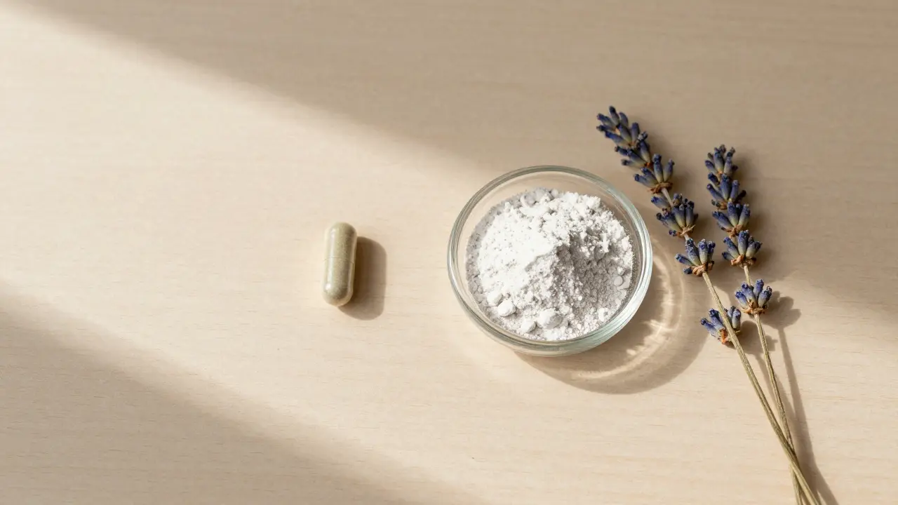 CBD-Kapsel, Magnesium und Lavendel als Schlafhilfen auf Holz