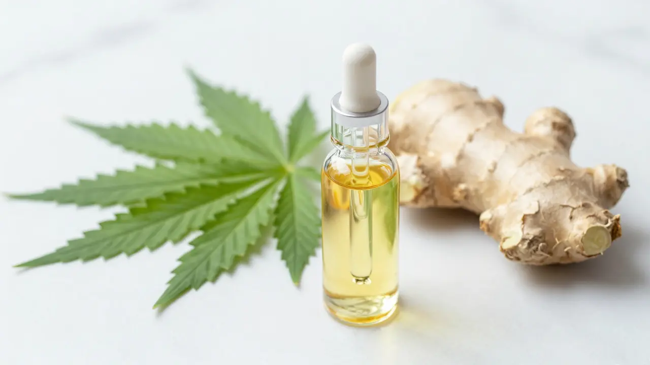 CBD-Öl-Tropfflasche neben Hanfblatt und Ingwer auf Marmor