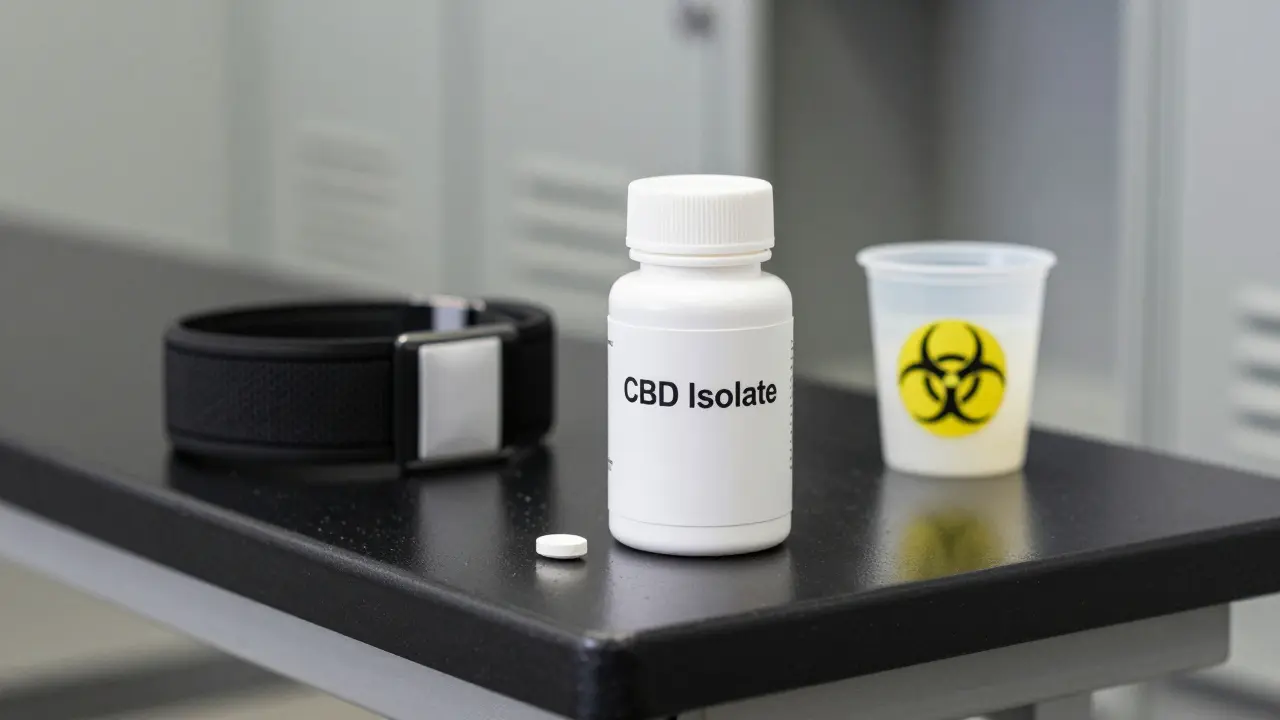 CBD-Tablette neben Dopingkontrollbehälter im Sportlerumfeld