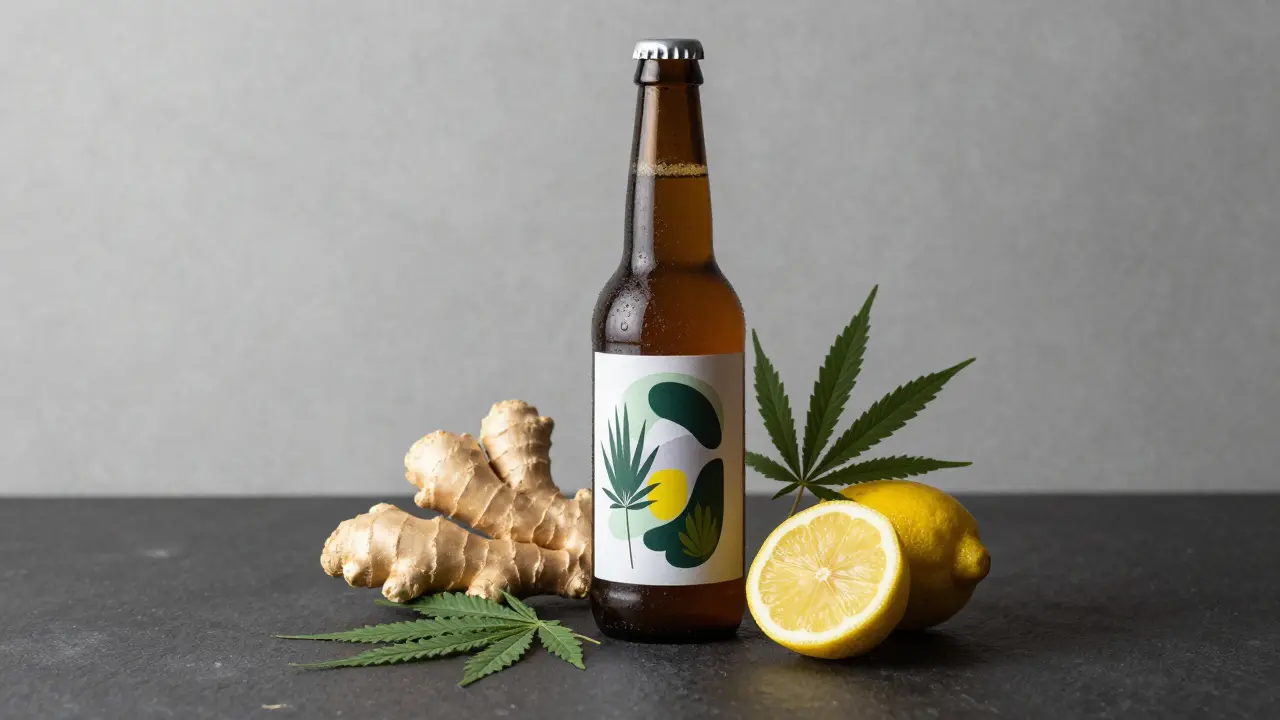Craft-Bierflasche mit Ingwer, Zitrone und Hanfblättern