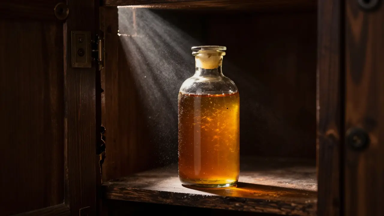Dunkle Flasche mit infundierender Tinktur im Schatten