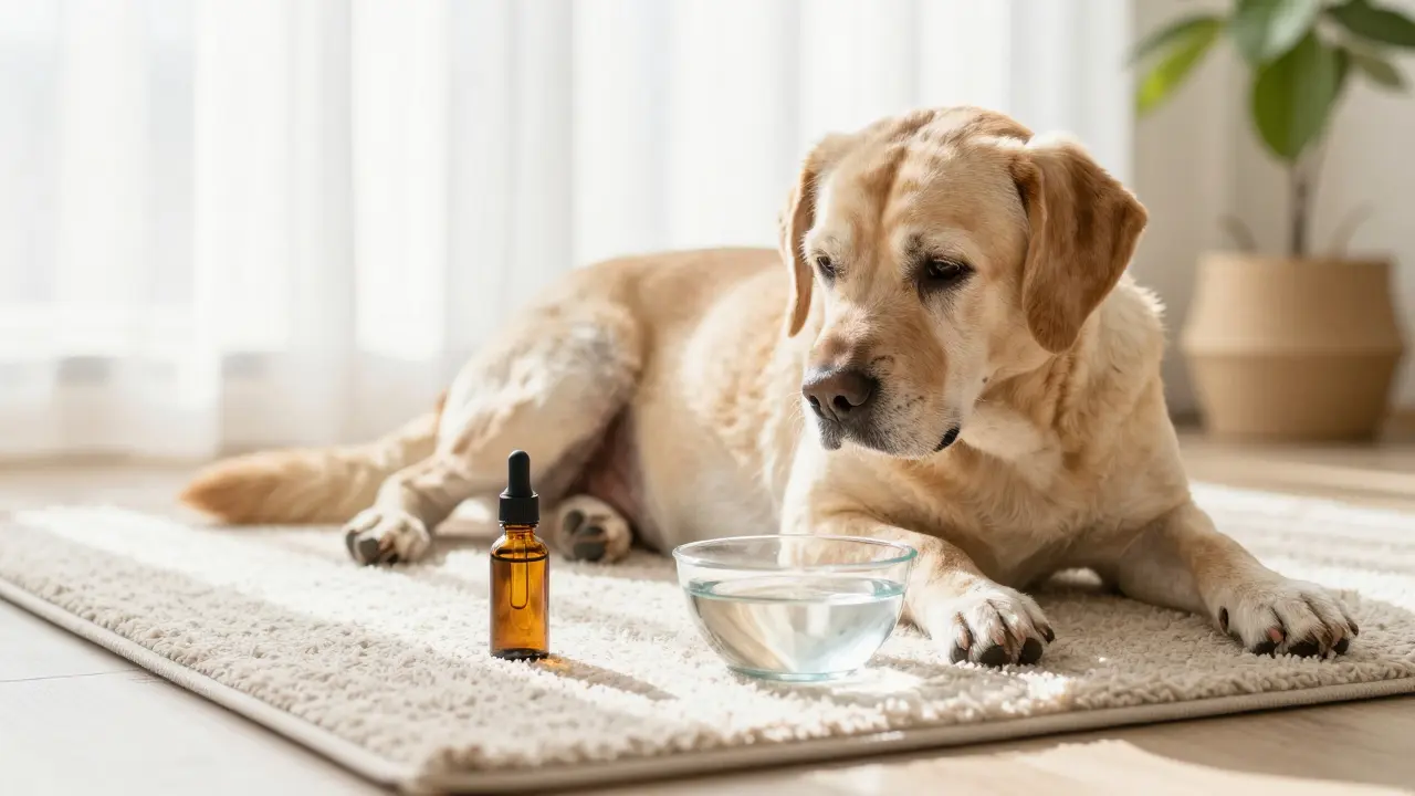 Ein älterer Hund ruht entspannt neben einer Flasche CBD-Öl