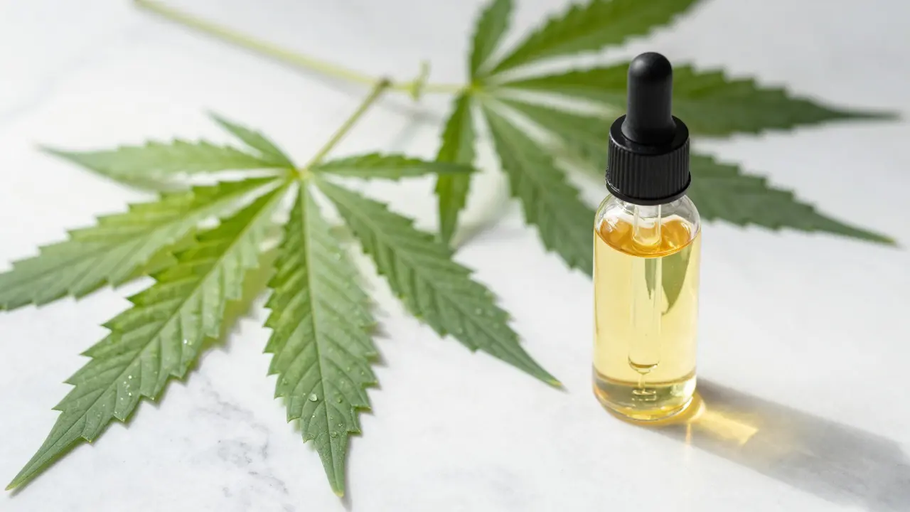 Fresh hemp leaves and glass dropper bottle on marble surface