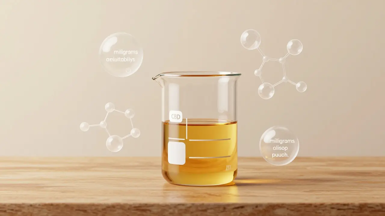 Glaskolben mit CBD-Öl und molekularen Grafiken