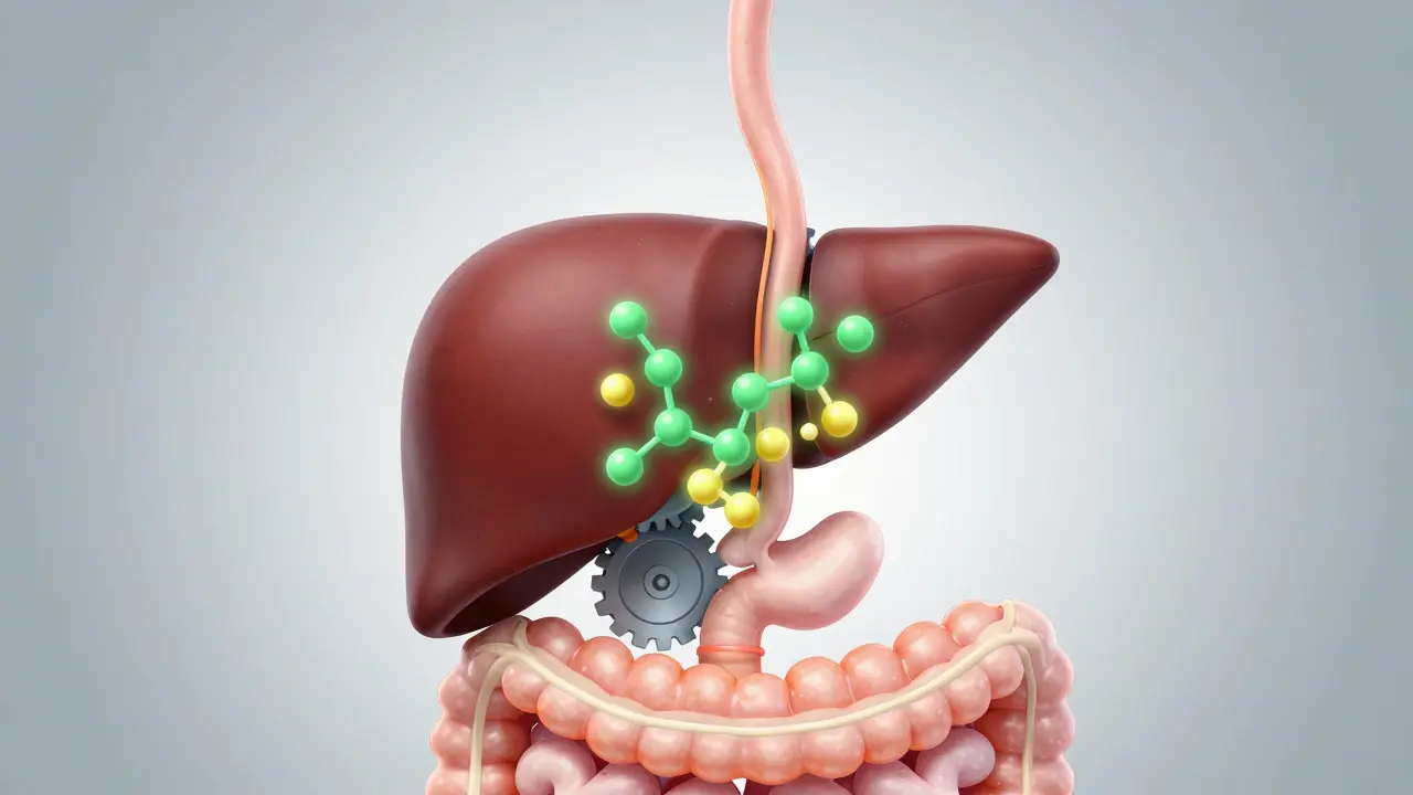 Illustration der Leberumwandlung von THC im Körper durch orale Einnahme