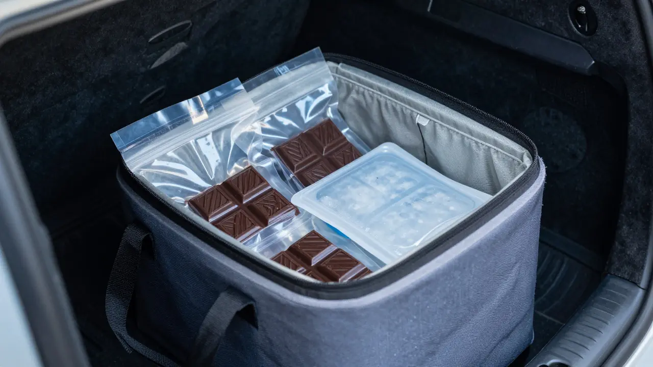 Isolierte Transportbox mit Kühlakku für hitzeempfindliche Schokolade