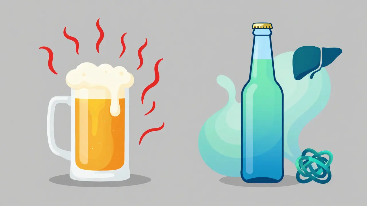 Konzeptioneller Vergleich: Alkohol mit roter Energie versus CBD-Bier mit beruhigenden blauen Wellen