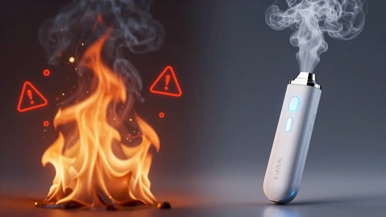 Konzeptioneller Vergleich: Rauchende Flamme links gegen sauberen Dampf eines E-Nails rechts.