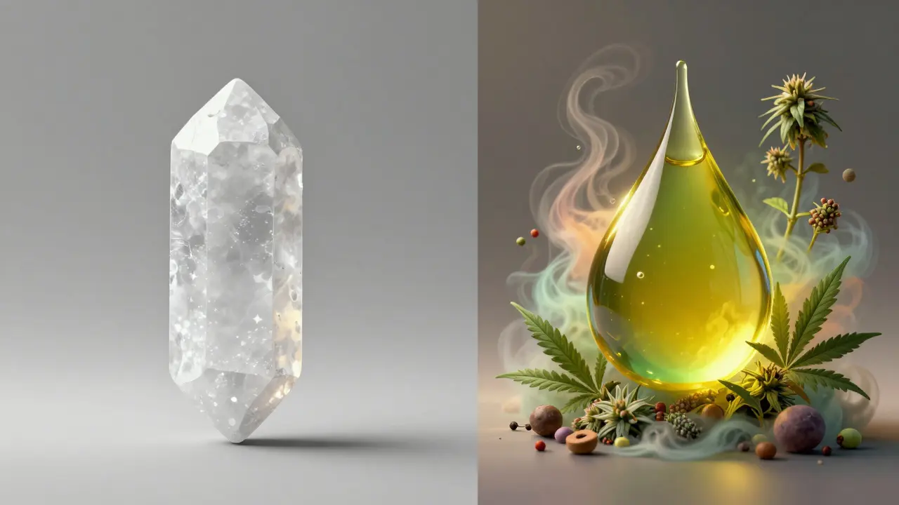 Künstlerischer Vergleich: isolierter Kristall versus farbenfrohes Broad-Spectrum-Öl
