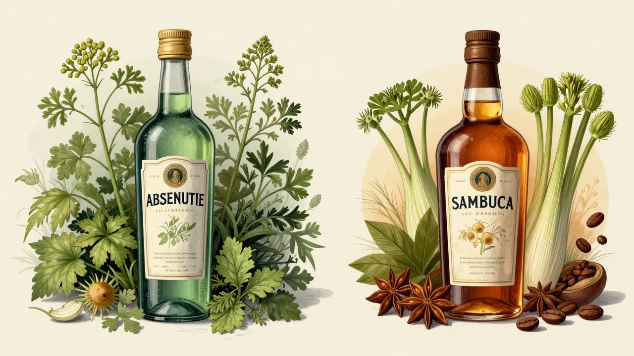 Kunstvoller Vergleich von Absinthe und Sambuca Zutaten