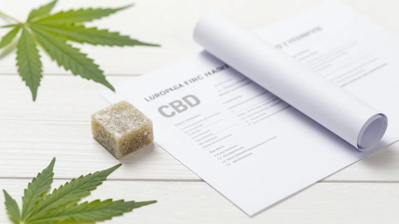 Legaler CBD-Hash neben Laborzertifikat und Hanfblättern für Qualitätssymbolik