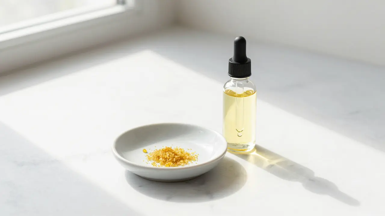 Minimalistisches Bild von Shatter und CBD-Öl auf einer weißen Marmorplatte.