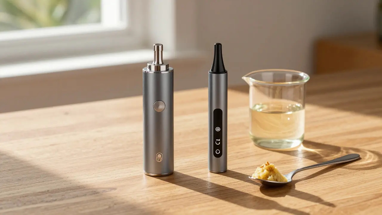 Moderne Vaporizer-Geräte neben MCT-Öl und Mischpaste auf einem Holztisch